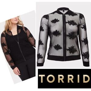 Torrid Black Embroidered Floral Mesh Semi Sheer Bomber Jacket Large (0) New NWT